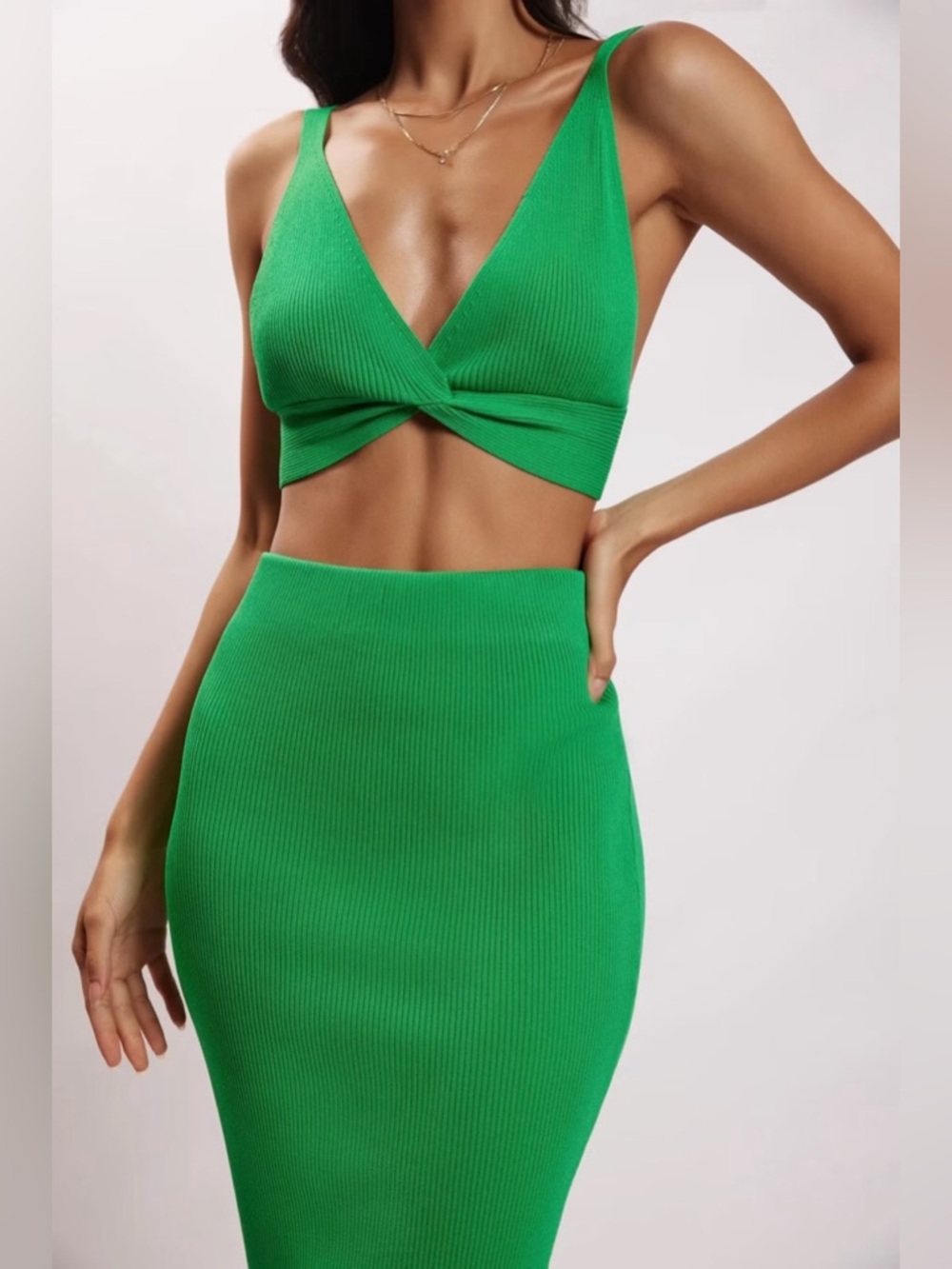 Meshki Kaesha Twist Front Knit Top & Split Maxi Knitted Skirt SET In Green